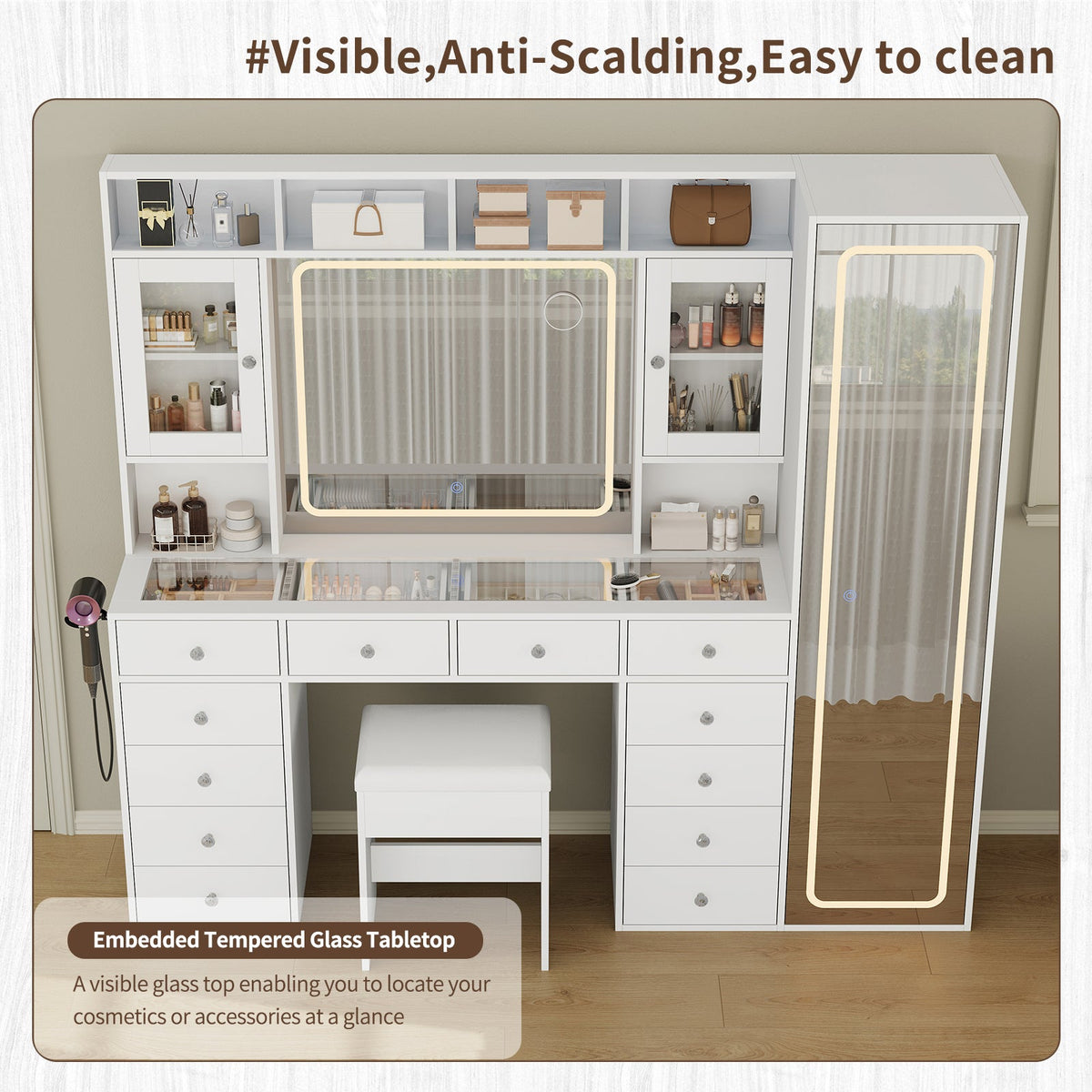 71" Large Vanity Desk with Full-Length LED Mirror, RGB Lighted Shelves, 12 Drawers, 2 Cabinets, Power Outlet & Vanity Stool - Yanosaku