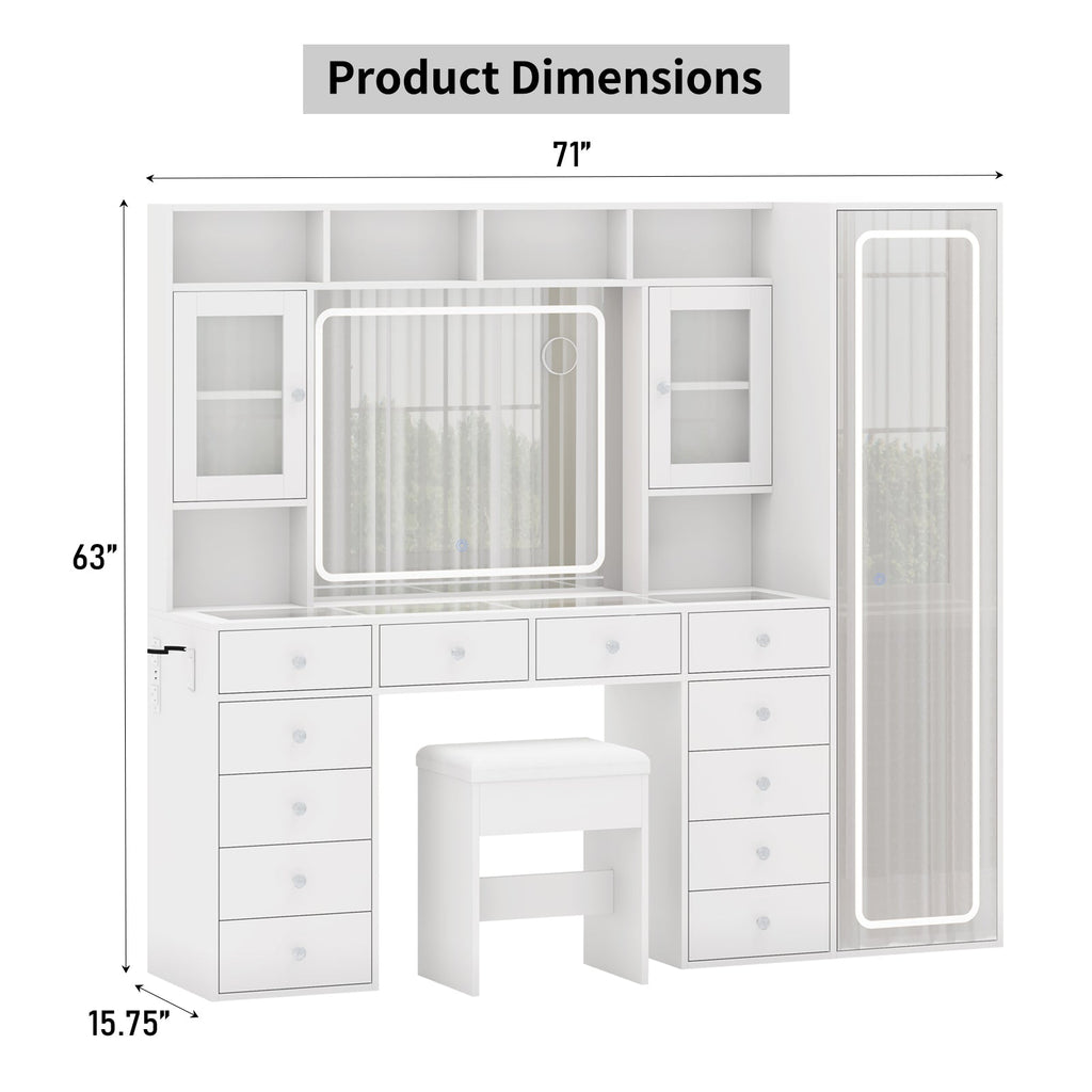 71" Large Vanity Desk with Full-Length LED Mirror, RGB Lighted Shelves, 12 Drawers, 2 Cabinets, Power Outlet & Vanity Stool - Yanosaku