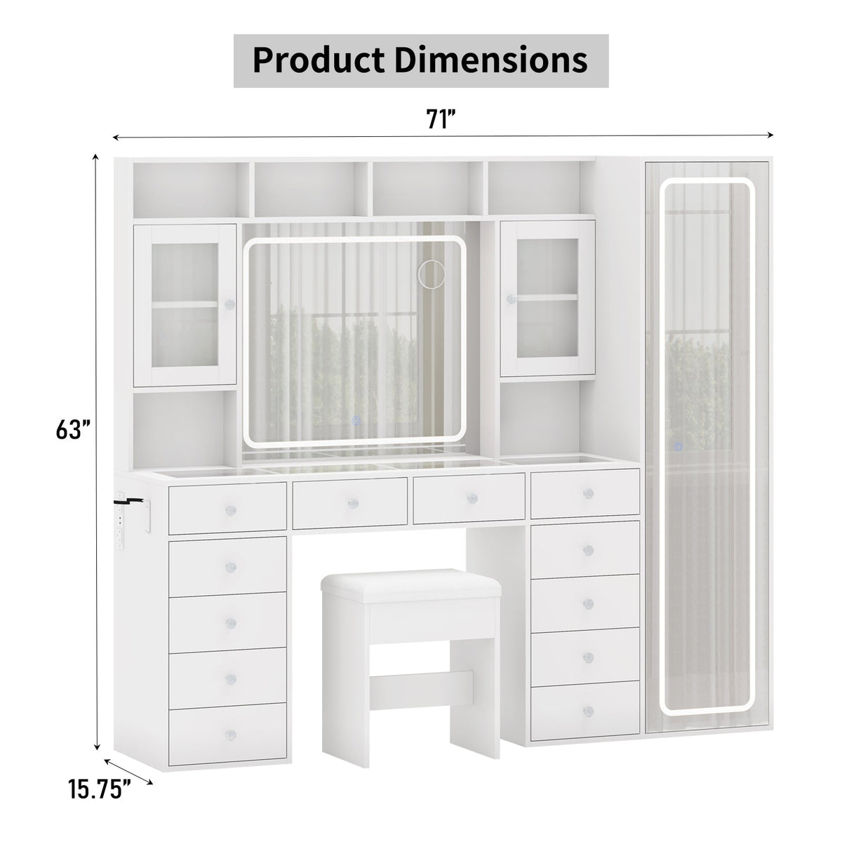 71" Large Vanity Desk with Full-Length LED Mirror, RGB Lighted Shelves, 12 Drawers, 2 Cabinets, Power Outlet & Vanity Stool - Yanosaku