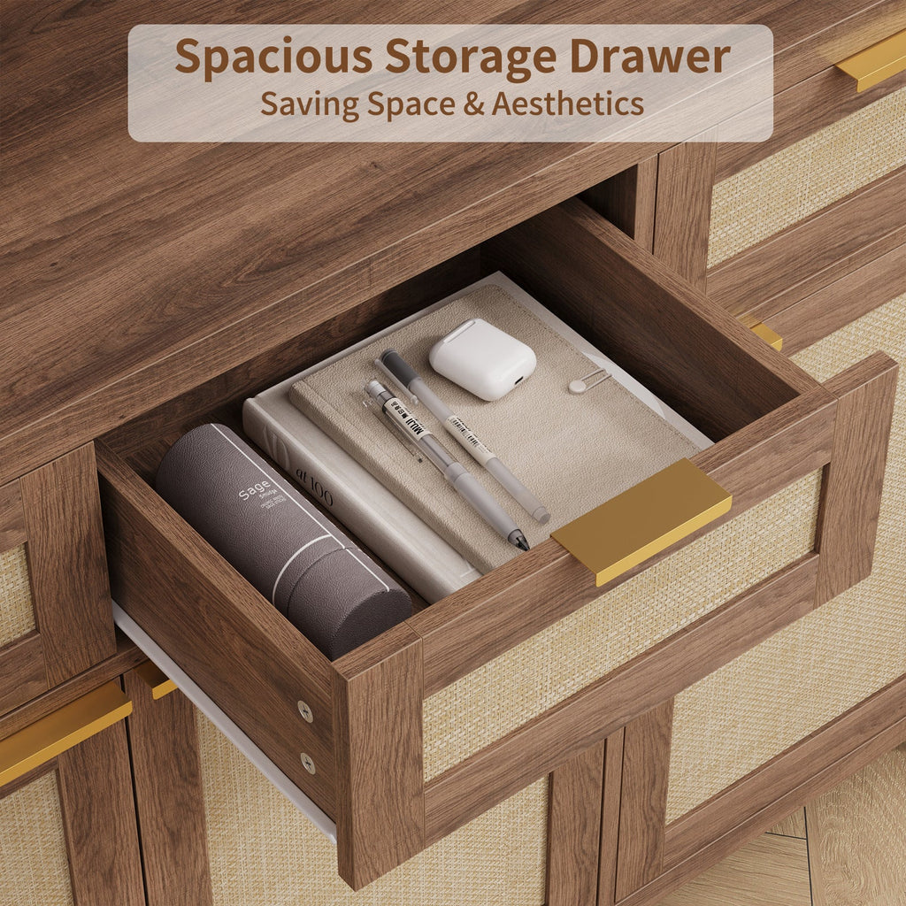 71" Tall Bookshelf, 5-Tier Bookcase with Rattan Doors- Vektaya - VektayaStorage CabinetSC016-DBR