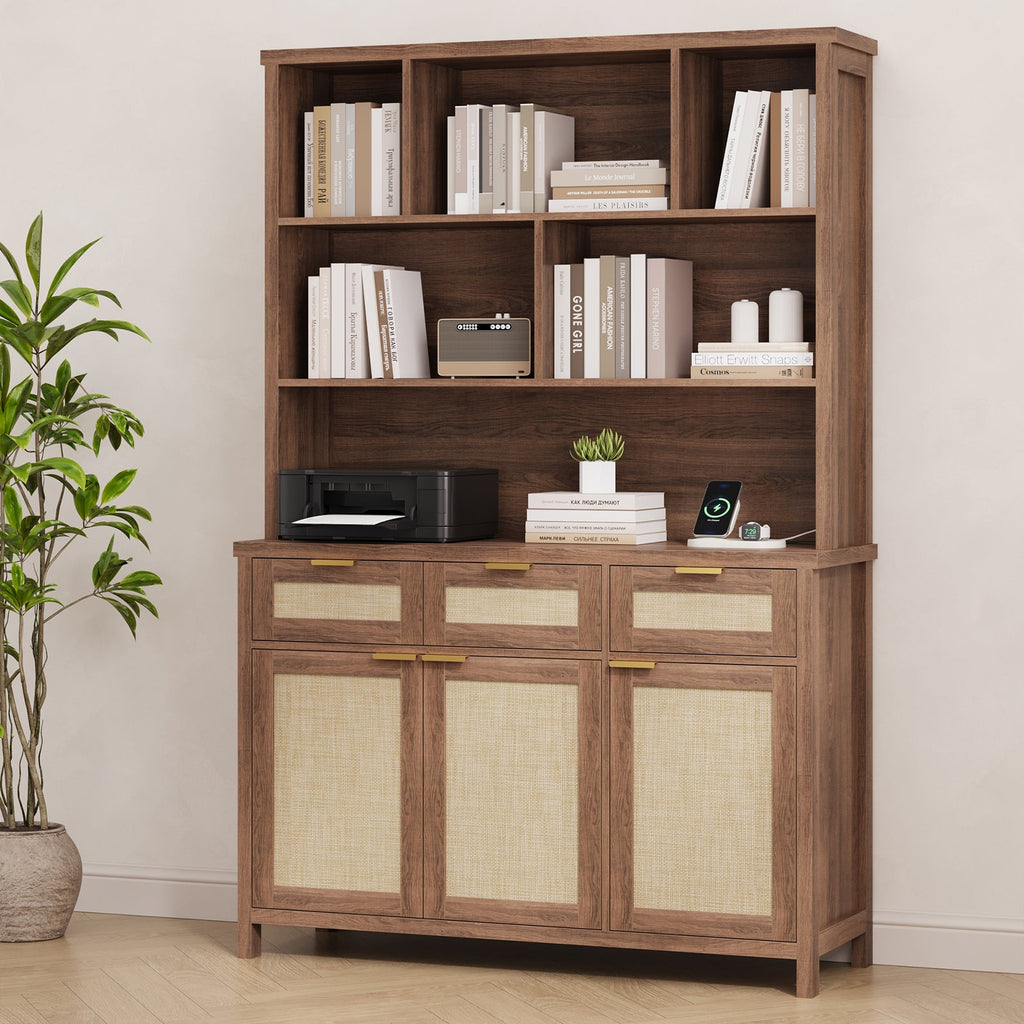 71" Tall Bookshelf, 5-Tier Bookcase with Rattan Doors- Vektaya - VektayaStorage CabinetSC016-DBR