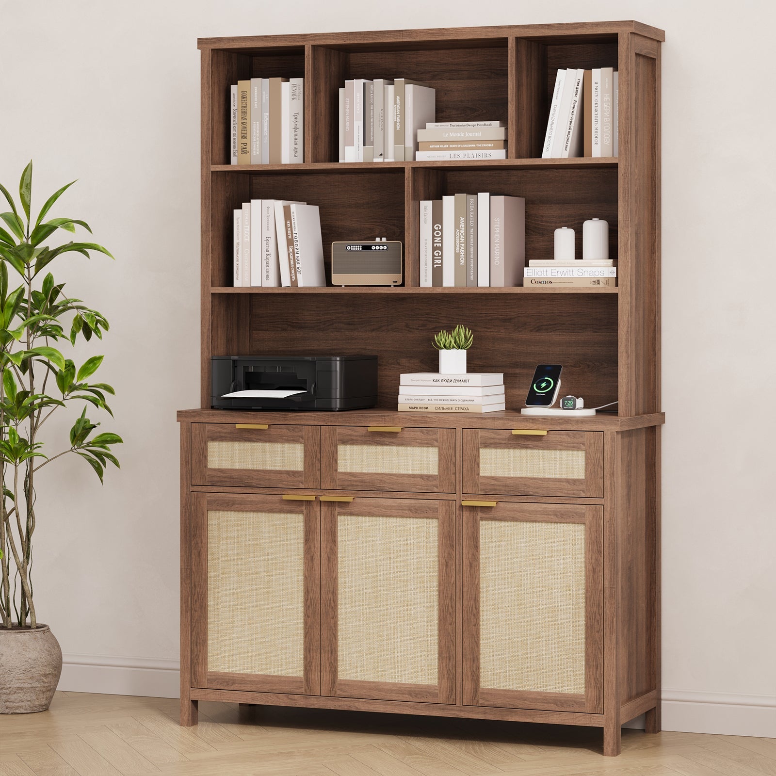 71" Tall Bookshelf, 5-Tier Bookcase with Rattan Doors- Vektaya - VektayaStorage CabinetSC016-DBR