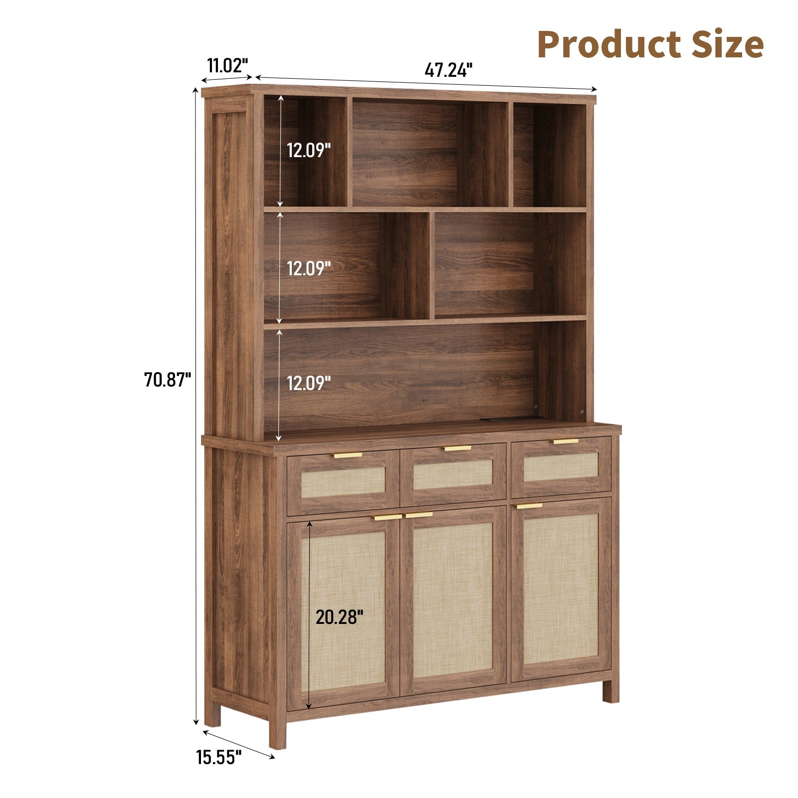 71" Tall Bookshelf, 5-Tier Bookcase with Rattan Doors- Vektaya - VektayaStorage CabinetSC016-DBR