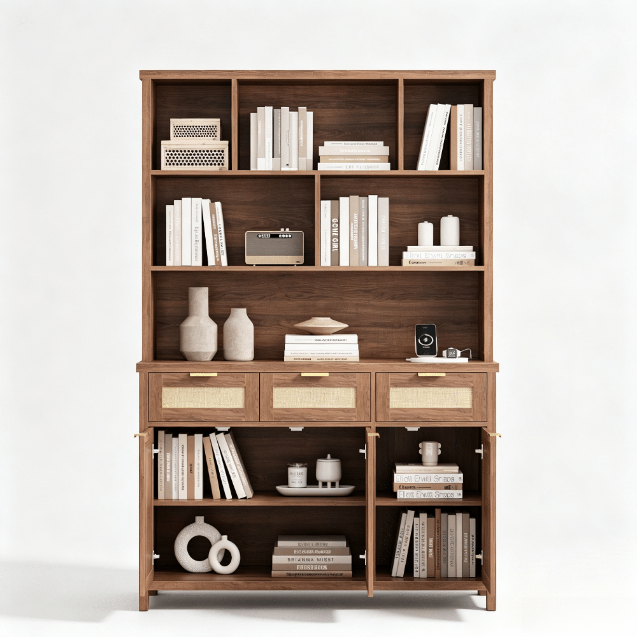 71" Tall Bookshelf, 5-Tier Bookcase with Rattan Doors- Vektaya - VektayaStorage CabinetSC016-DBR