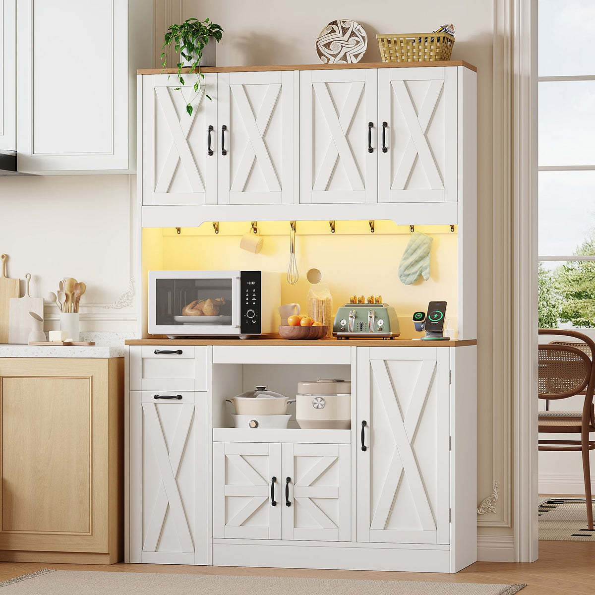 71" Tall Kitchen Pantry Cabinet with Charging Station & LED Lights, Farmhouse Hutch with Pull-Out Tray, Storage Cart, Drawer & Adjustable Shelves, White - YanosakuUS-SC025