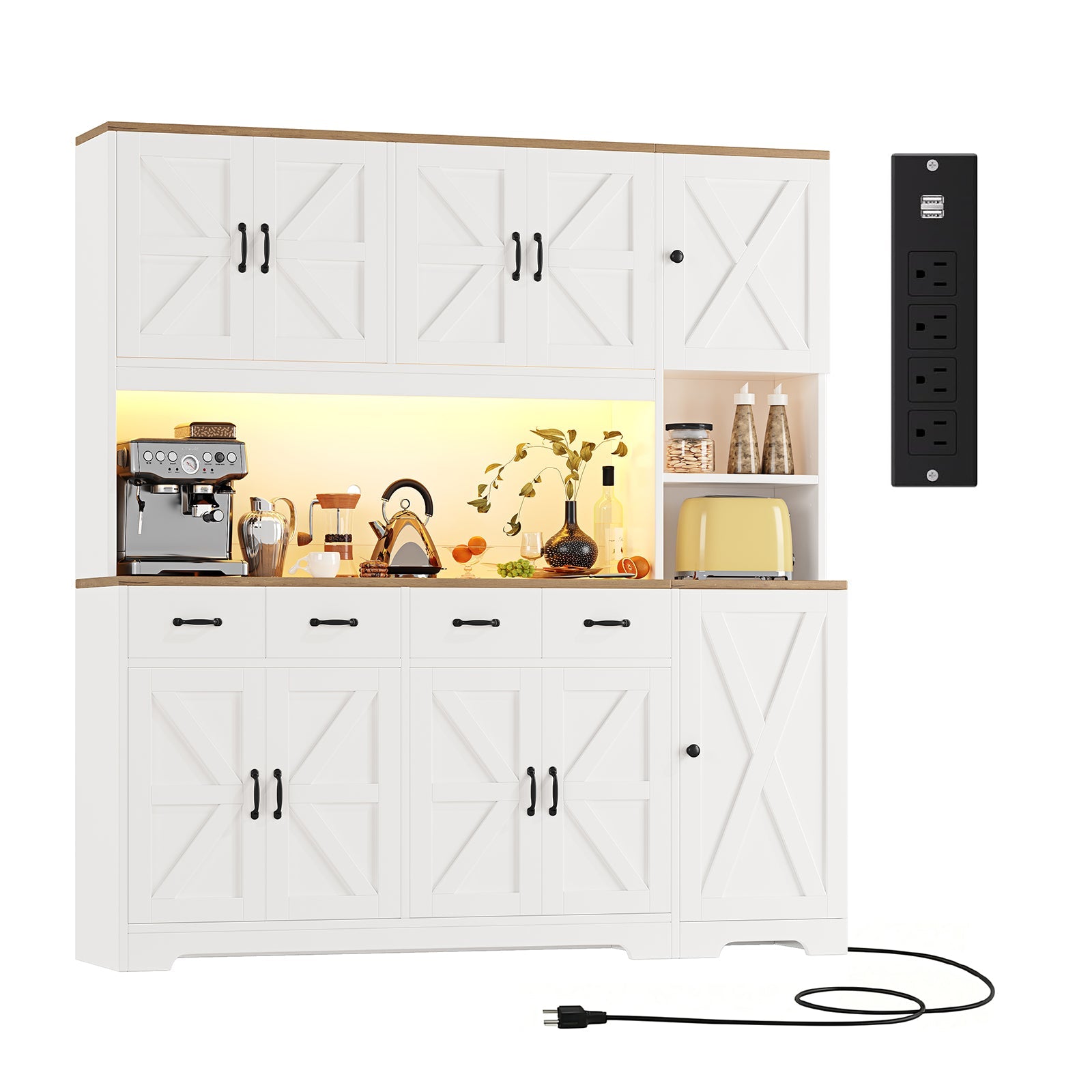 71" Tall Kitchen Pantry with LED Lights & Charging Station - Vektaya - VektayaStorage CabinetSC022-WH