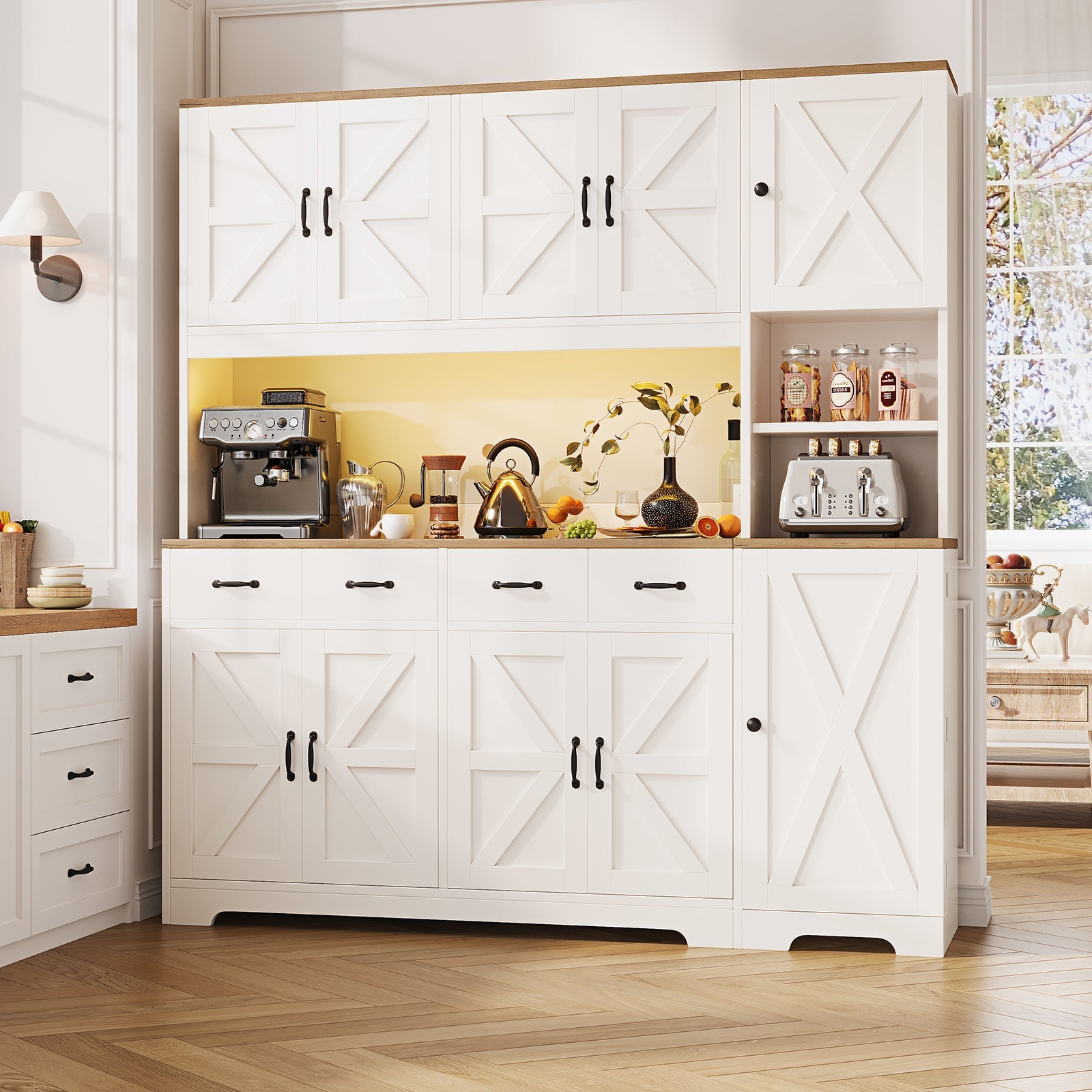 71" Tall Kitchen Pantry with LED Lights & Charging Station - Vektaya - VektayaStorage CabinetSC022-WH
