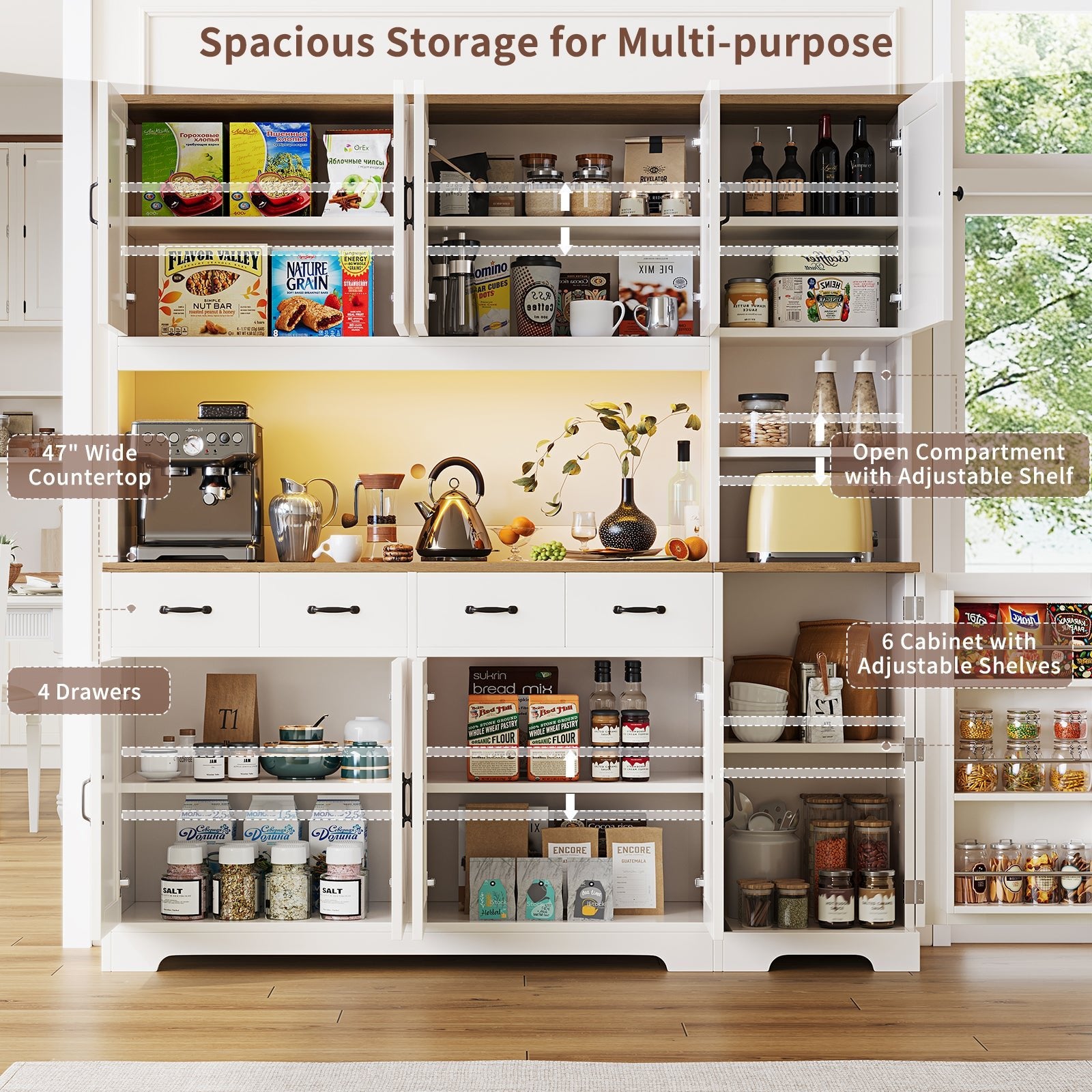 71" Tall Kitchen Pantry with LED Lights & Charging Station - Vektaya - VektayaStorage CabinetSC022-WH