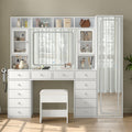 71" W Extra-Large Vanity Desk with Full-Length & LED Makeup Mirrors, 12 Drawers, 2 Cabinets, Power Outlet, 3-Color Dimmable Lights & Stool, White - Yanosaku