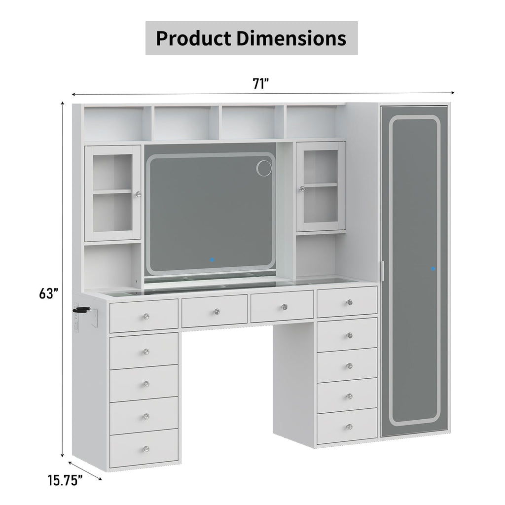 71" W Extra-Large Vanity Desk with Full-Length & LED Makeup Mirrors, 12 Drawers, 2 Cabinets, Power Outlet, 3-Color Dimmable Lights & Stool, White - Yanosaku