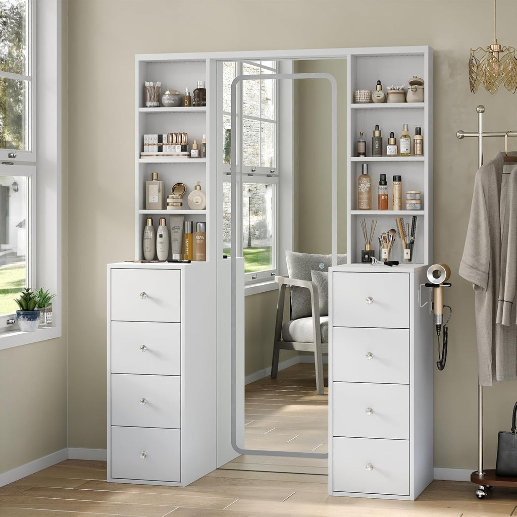 Yanosaku MC001 Vanity Desk with Full Length LED Mirror, Makeup Vanity with Power Outlet, 3 Color Modes, Brightness Adjustable, 8 Drawers with Shelves Vanity Table for Bedroom