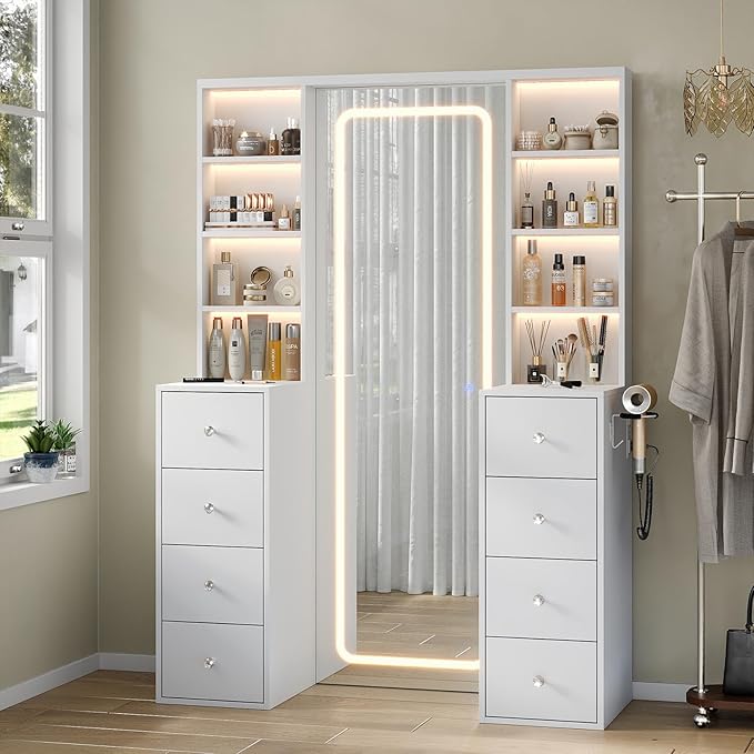Yanosaku MC001 Vanity Desk with Full Length LED Mirror, Makeup Vanity with Power Outlet, 3 Color Modes, Brightness Adjustable, 8 Drawers with Shelves Vanity Table for Bedroom