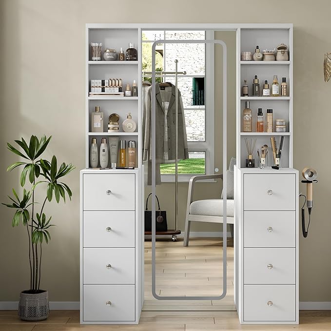 Yanosaku MC001 Vanity Desk with Full Length LED Mirror, Makeup Vanity with Power Outlet, 3 Color Modes, Brightness Adjustable, 8 Drawers with Shelves Vanity Table for Bedroom
