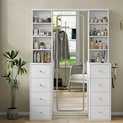 Yanosaku MC001 Vanity Desk with Full Length LED Mirror, Makeup Vanity with Power Outlet, 3 Color Modes, Brightness Adjustable, 8 Drawers with Shelves Vanity Table for Bedroom