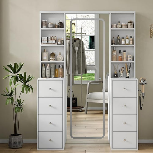 Yanosaku MC001 Vanity Desk with Full Length LED Mirror, Makeup Vanity with Power Outlet, 3 Color Modes, Brightness Adjustable, 8 Drawers with Shelves Vanity Table for Bedroom