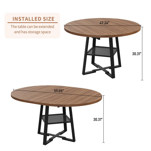 Yanosaku DT001 47" Extendable Round Table for 4–8, Walnut Metal Frame