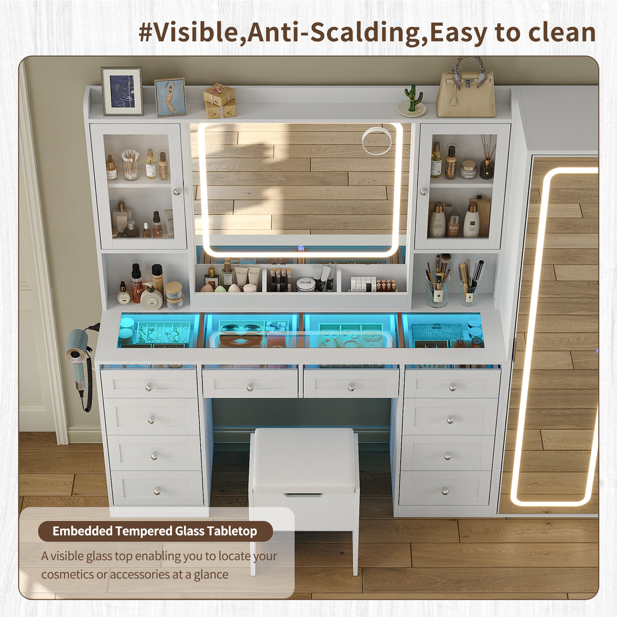 70.9" White Makeup Vanity Desk with LED & Full-Length Mirrors, RGB Lights, 10 Drawers, 2 Cabinets, Glass Top & Stool
