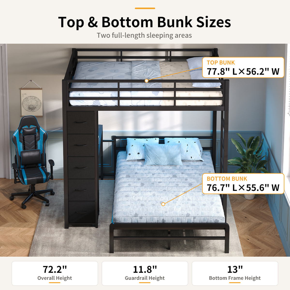 Full Over Full L-Shaped Metal Bunk Bed with Desk, LED Lights, Charging Station & Storage Drawers, Black