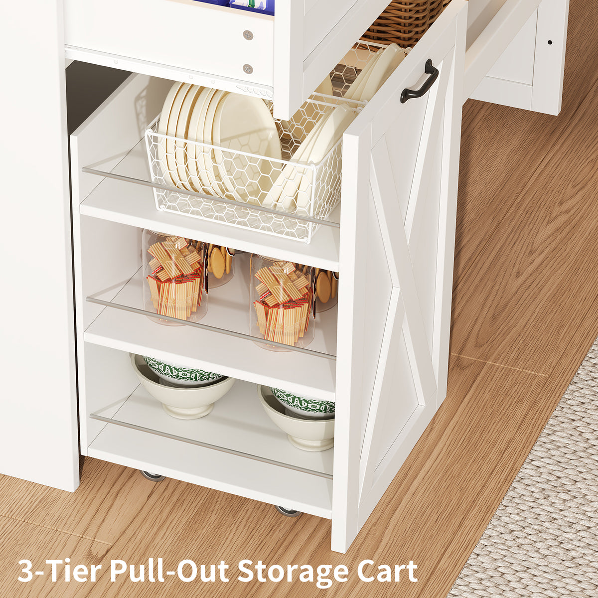 63"W Farmhouse Kitchen Pantry Cabinet, 70" Tall Hutch with RGB LED Lights, Charging Station, Pull-Out Tray & Rolling Cart, White