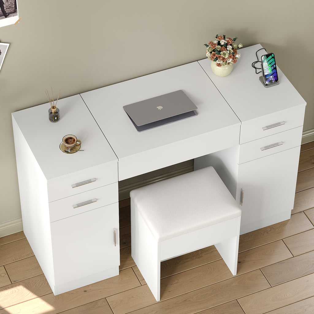 47.2" Flip Top Makeup Vanity Desk with LED Mirror, Power Outlet, 4 Drawers, 2 Cabinets & Stool, White