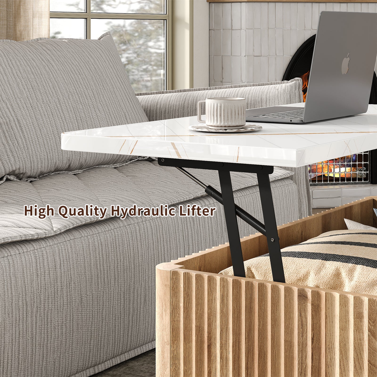 Yanosaku CT001 Lift Top Coffee Table with Storage, Square Coffee Tables with Faux-Marble Top for Living Room, Living Room Center Tables with Large Hidden Space for Bedroom, Home Office