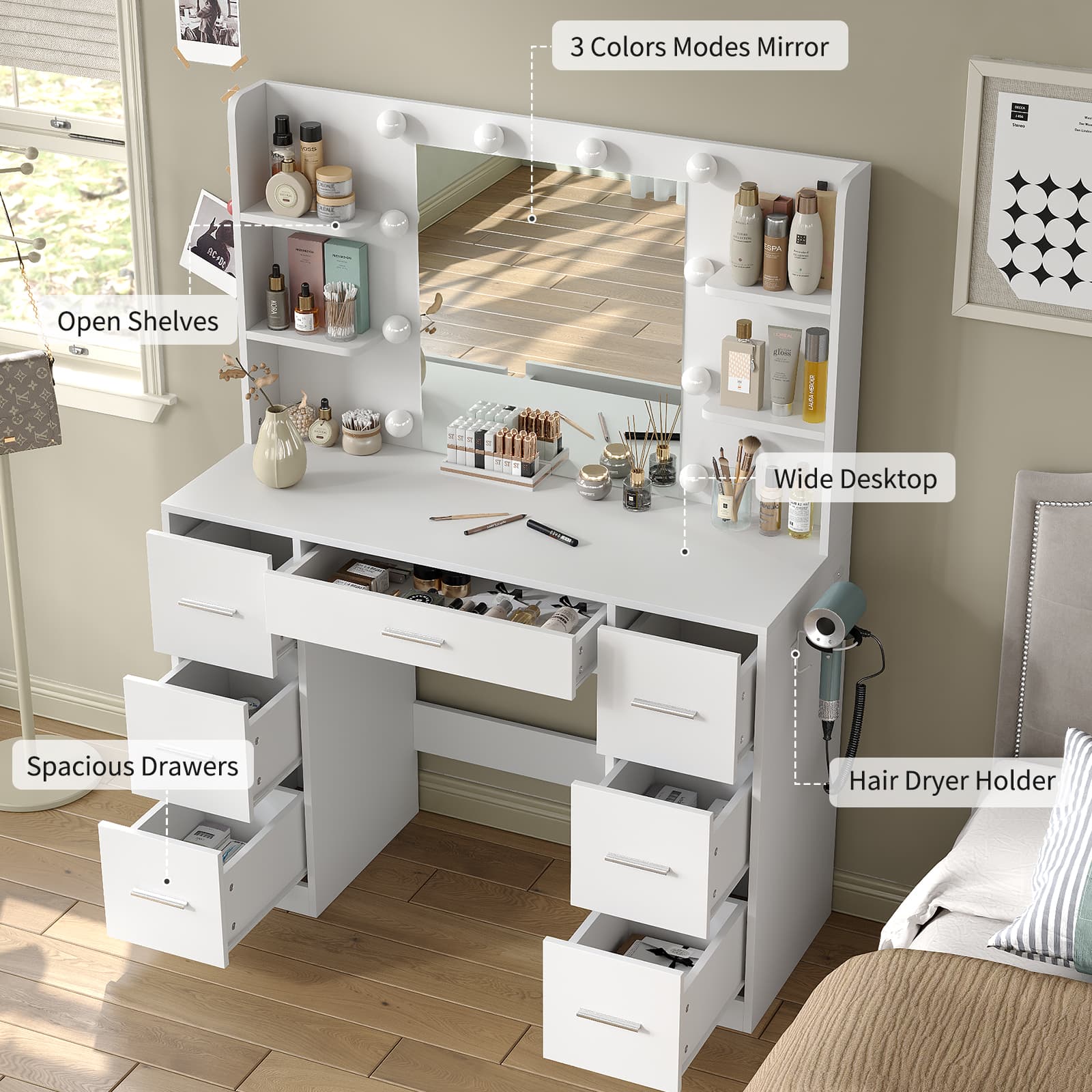Yanosaku VD024 Vanity Desk with Mirror, LED Lights & Charging Station, 7 Drawers Storage