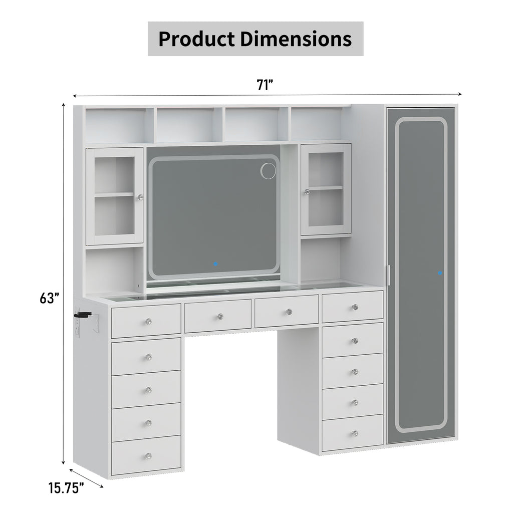 71" W Extra-Large Vanity Desk with Full-Length & LED Makeup Mirrors, 12 Drawers, 2 Cabinets, Power Outlet, 3-Color Dimmable Lights & Stool, White