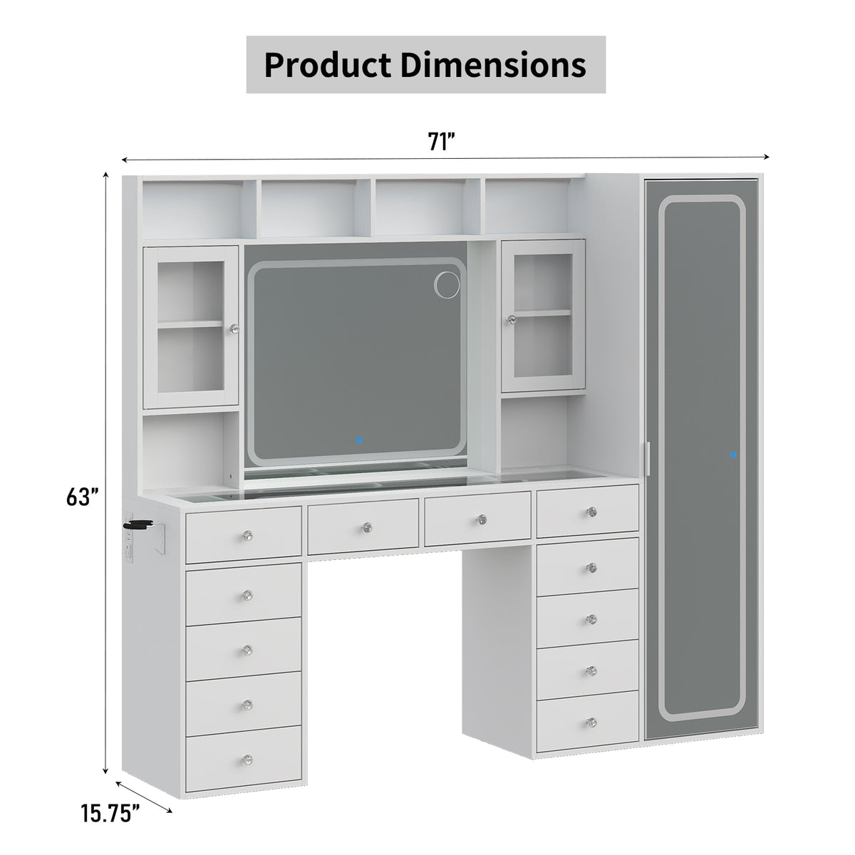 71" W Extra-Large Vanity Desk with Full-Length & LED Makeup Mirrors, 12 Drawers, 2 Cabinets, Power Outlet, 3-Color Dimmable Lights & Stool, White