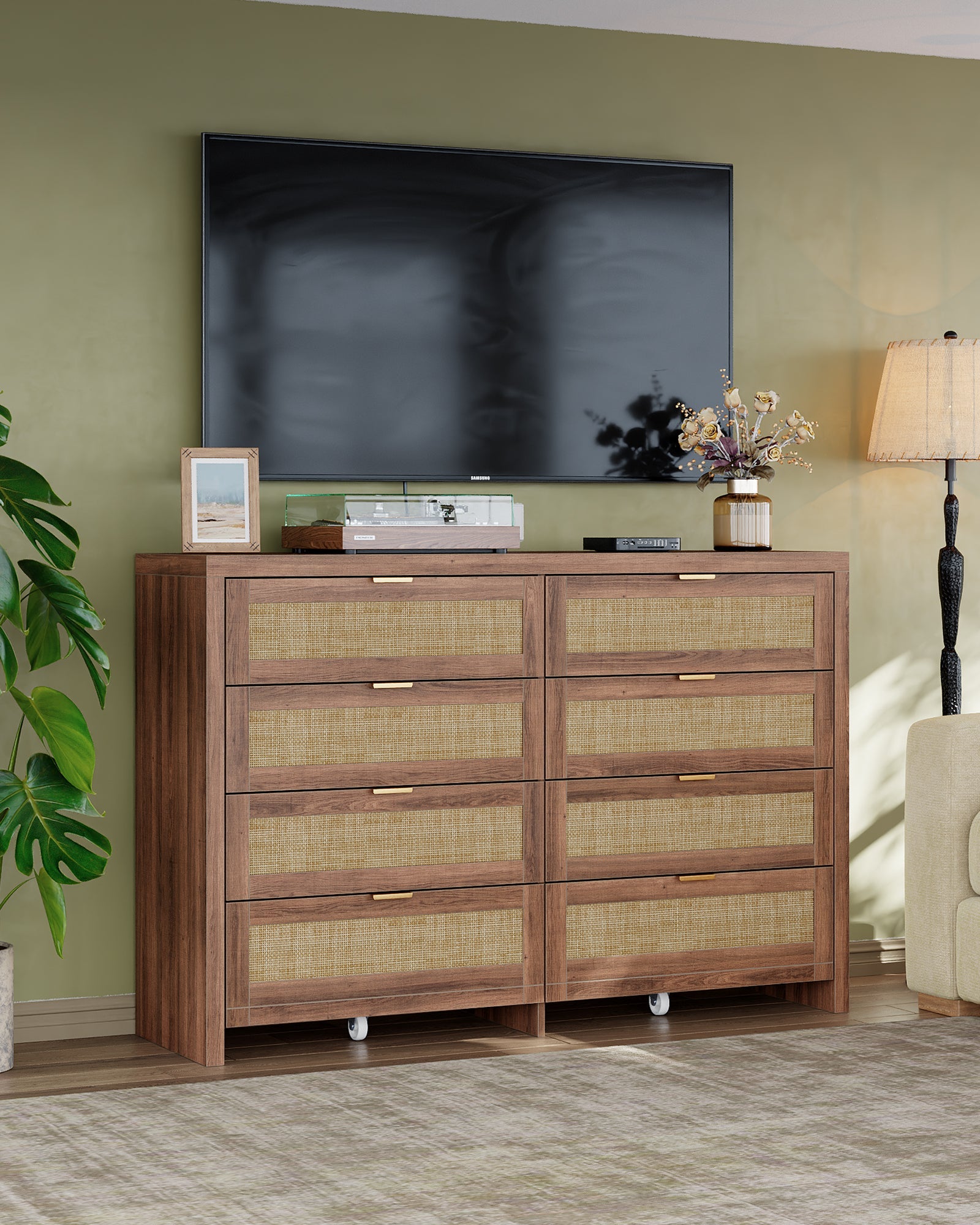 8 Large Drawers Dresser, 55” Rattan Dresser with Ample Storage- Vektaya - VektayaDresserDS013