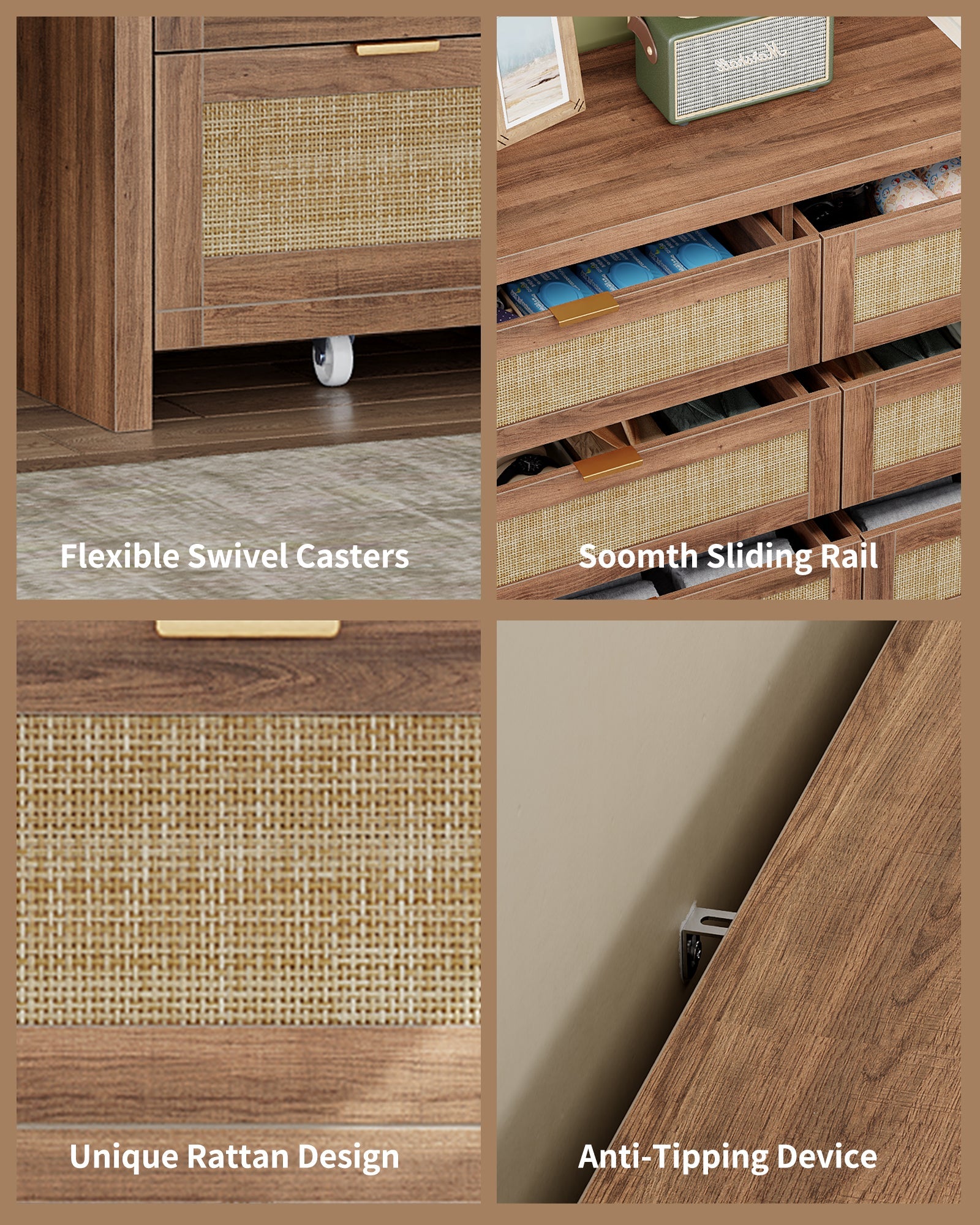 8 Large Drawers Dresser, 55” Rattan Dresser with Ample Storage- Vektaya - VektayaDresserDS013