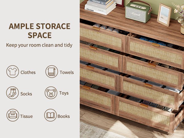 8 Large Drawers Dresser, 55” Rattan Dresser with Ample Storage- Vektaya - VektayaDresserDS013