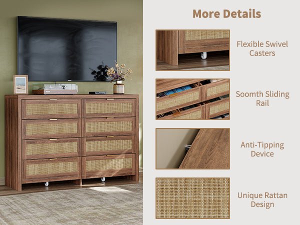 8 Large Drawers Dresser, 55” Rattan Dresser with Ample Storage- Vektaya - VektayaDresserDS013
