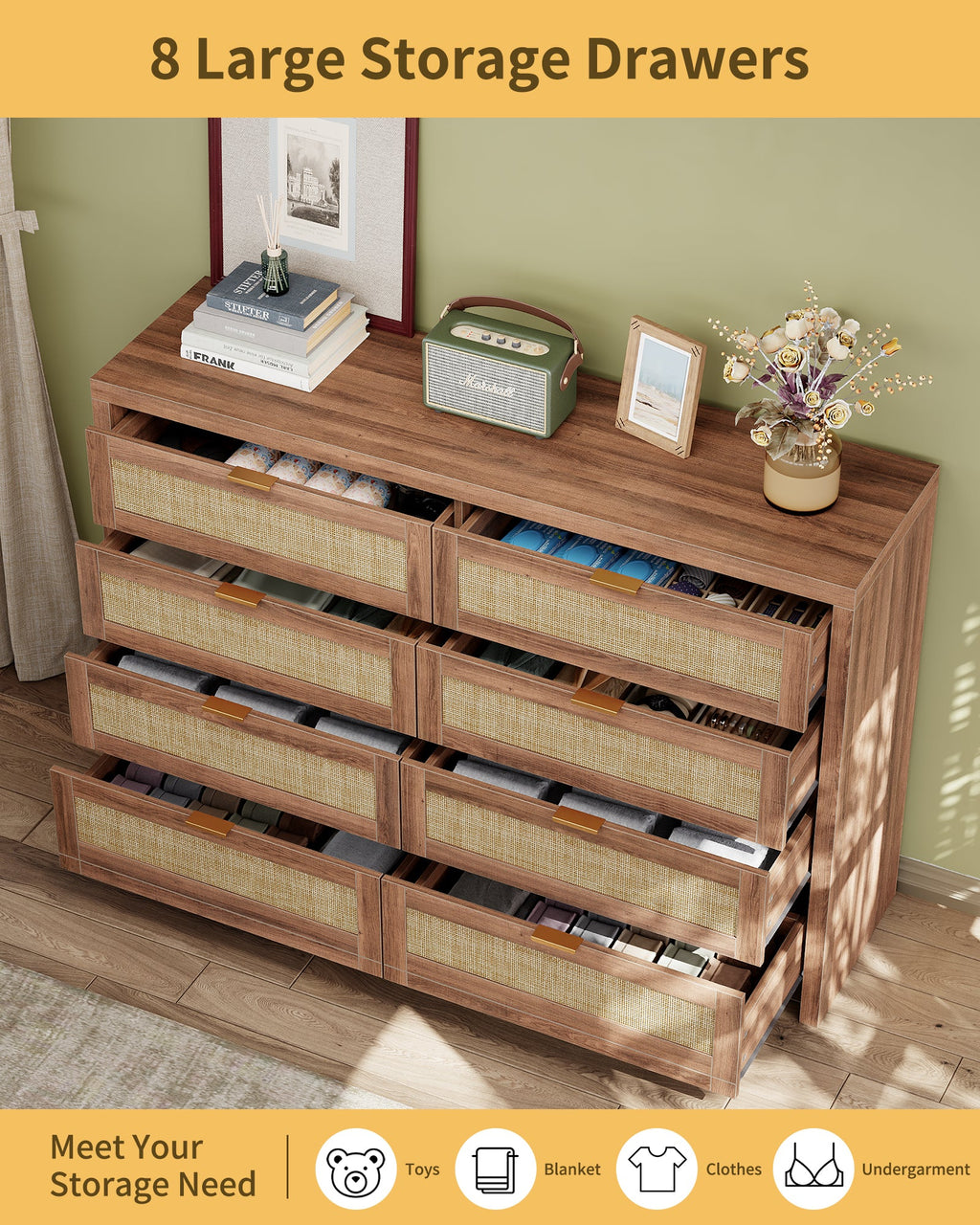 8 Large Drawers Dresser, 55” Rattan Dresser with Ample Storage- Vektaya - VektayaDresserDS013
