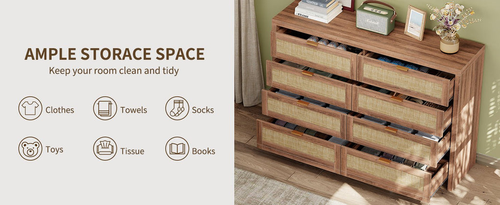 8 Large Drawers Dresser, 55” Rattan Dresser with Ample Storage- Vektaya - VektayaDresserDS013