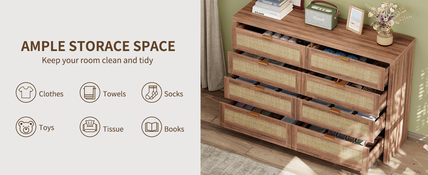 8 Large Drawers Dresser, 55” Rattan Dresser with Ample Storage- Vektaya - VektayaDresserDS013