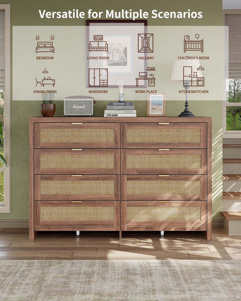 8 Large Drawers Dresser, 55” Rattan Dresser with Ample Storage- Vektaya - VektayaDresserDS013