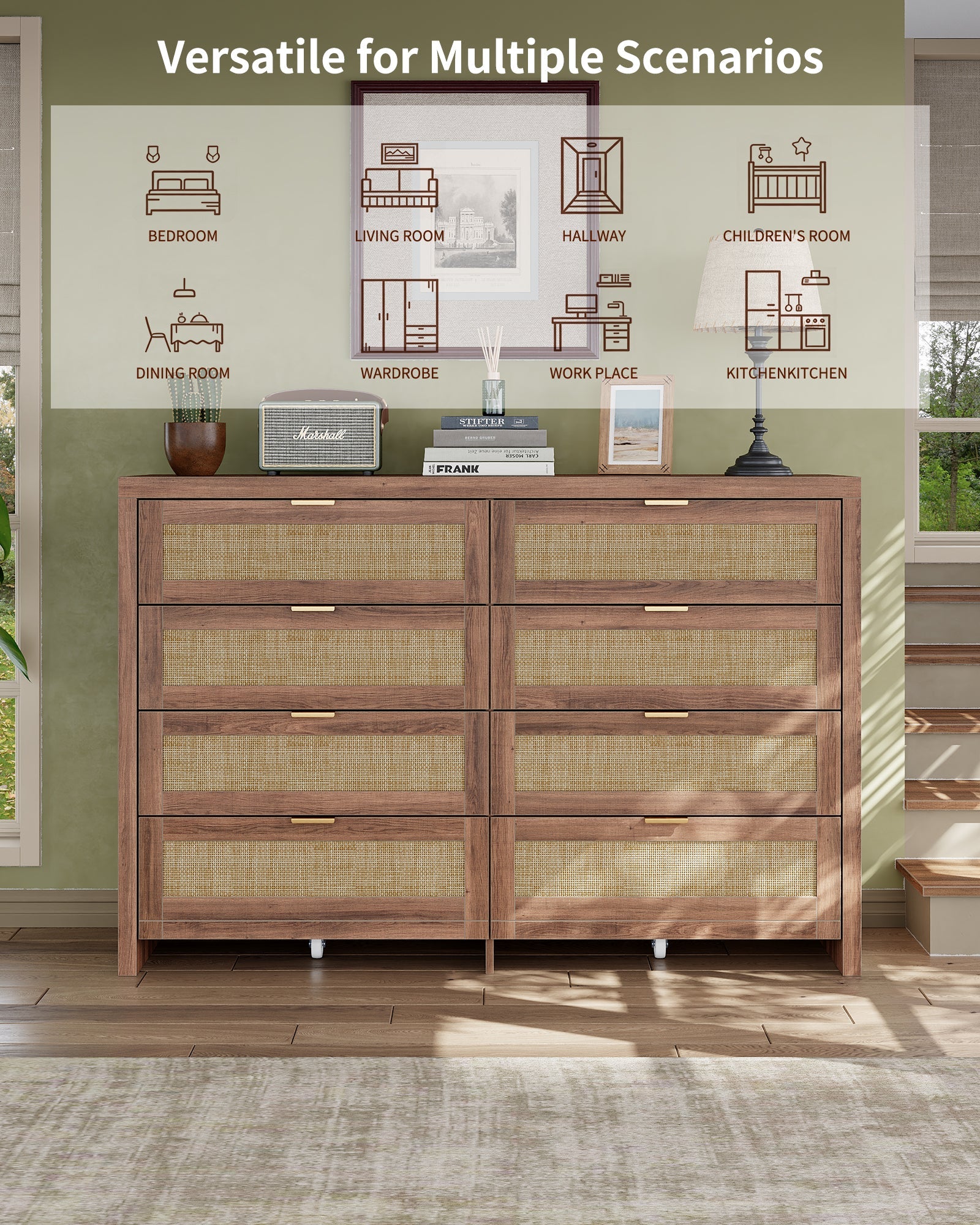 8 Large Drawers Dresser, 55” Rattan Dresser with Ample Storage- Vektaya - VektayaDresserDS013
