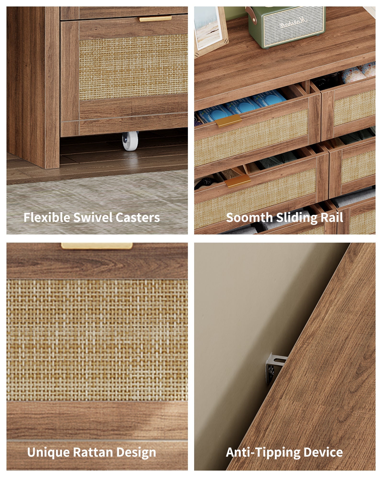 8 Large Drawers Dresser, 55” Rattan Dresser with Ample Storage- Vektaya - VektayaDresserDS013