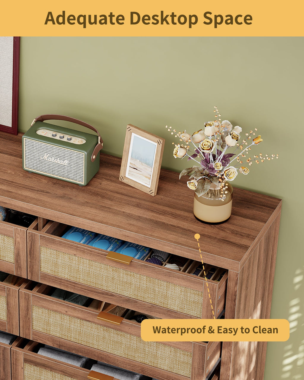 8 Large Drawers Dresser, 55” Rattan Dresser with Ample Storage- Vektaya - VektayaDresserDS013