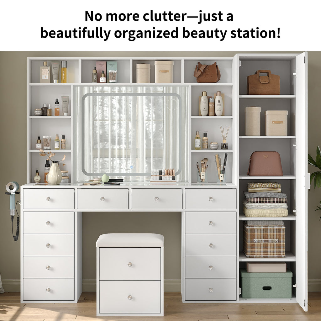 Yanosaku VD023 Vanity Desk with LED & Full-Length Mirror, 14 Drawers, 10 Shelves, White
