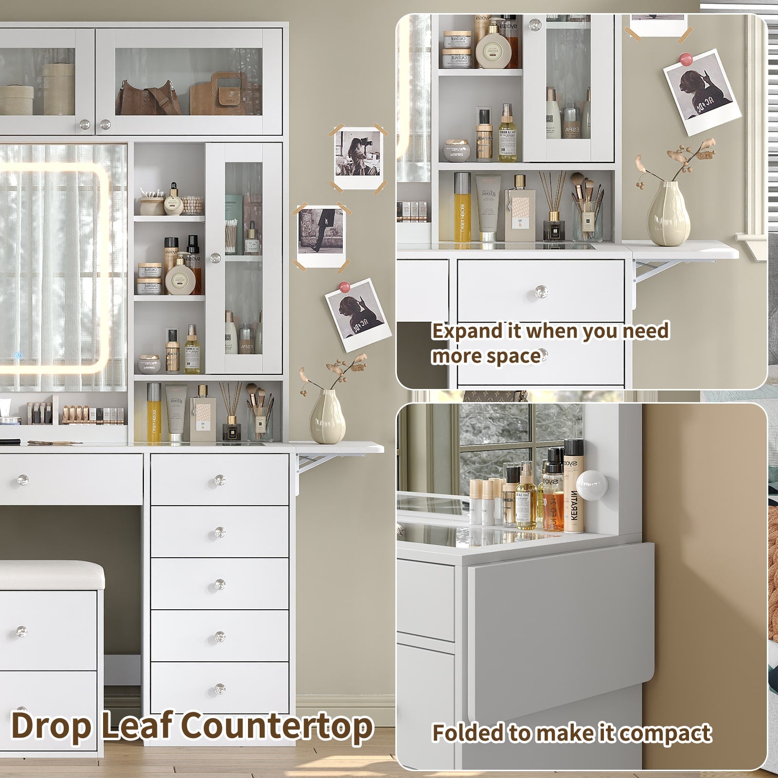 Yanosaku VD022 Vanity Desk with Mirror, Lights, Drawers, Stool, White