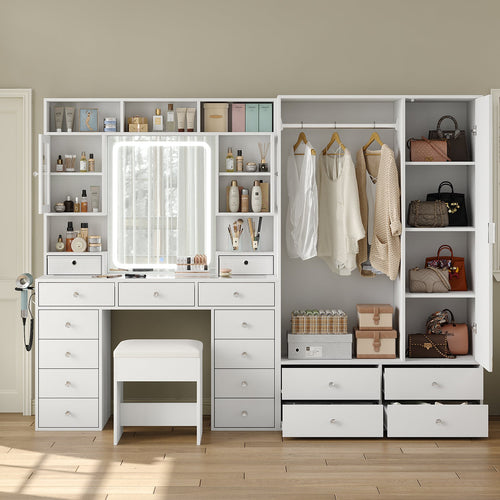 87" W Large Vanity Desk with LED Mirror & Wardrobe, Spacious Makeup Vanity Table with Ample Storage, White - YanosakuUS-VD046-WH