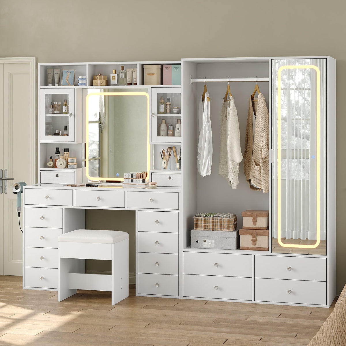 87" W Large Vanity Desk with LED Mirror & Wardrobe, Spacious Makeup Vanity Table with Ample Storage, White - YanosakuUS-VD046-WH