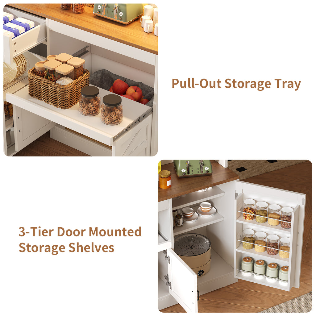 63"W Farmhouse Kitchen Pantry Cabinet, 70" Tall Hutch with RGB LED Lights, Charging Station, Pull-Out Tray & Rolling Cart, White