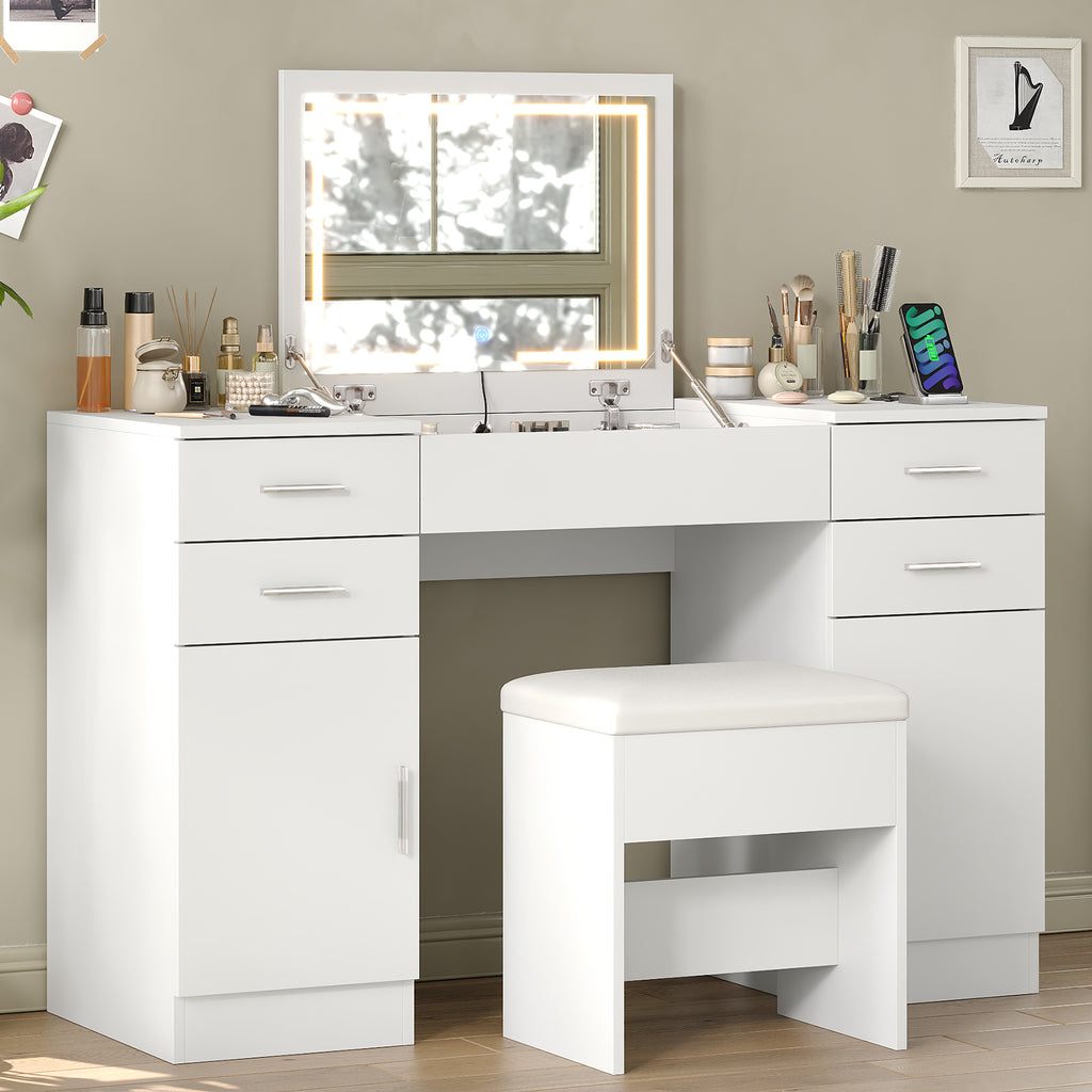 47.2" Flip Top Makeup Vanity Desk with LED Mirror, Power Outlet, 4 Drawers, 2 Cabinets & Stool, White