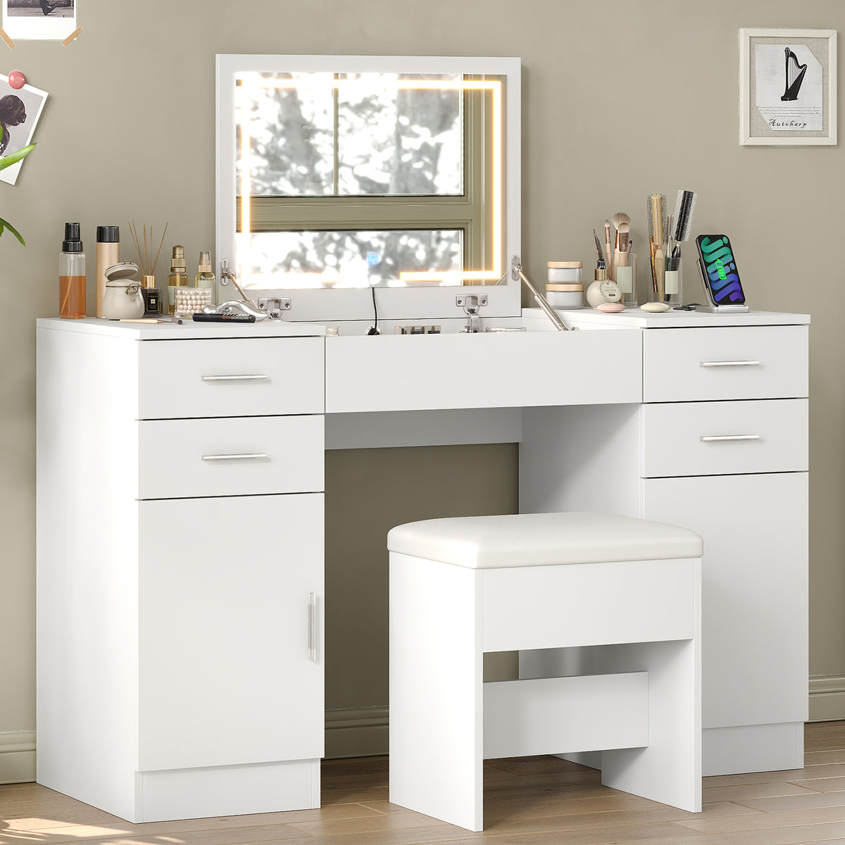 47.2" Flip Top Makeup Vanity Desk with LED Mirror, Power Outlet, 4 Drawers, 2 Cabinets & Stool, White