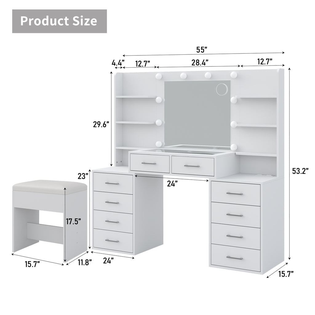 59" W Large Makeup Vanity Desk with LED Mirror, 8 Drawers & 2 Cabinets, Glass Top, Power Outlet, 3-Color Dimmable Lights & Chair for Bedroom