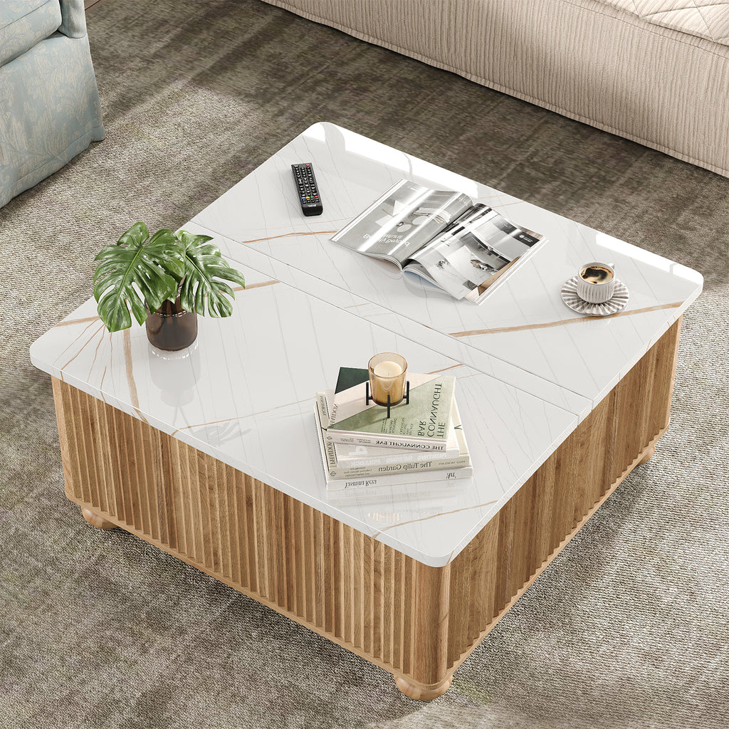 Yanosaku CT001 Lift Top Coffee Table with Storage, Square Coffee Tables with Faux-Marble Top for Living Room, Living Room Center Tables with Large Hidden Space for Bedroom, Home Office