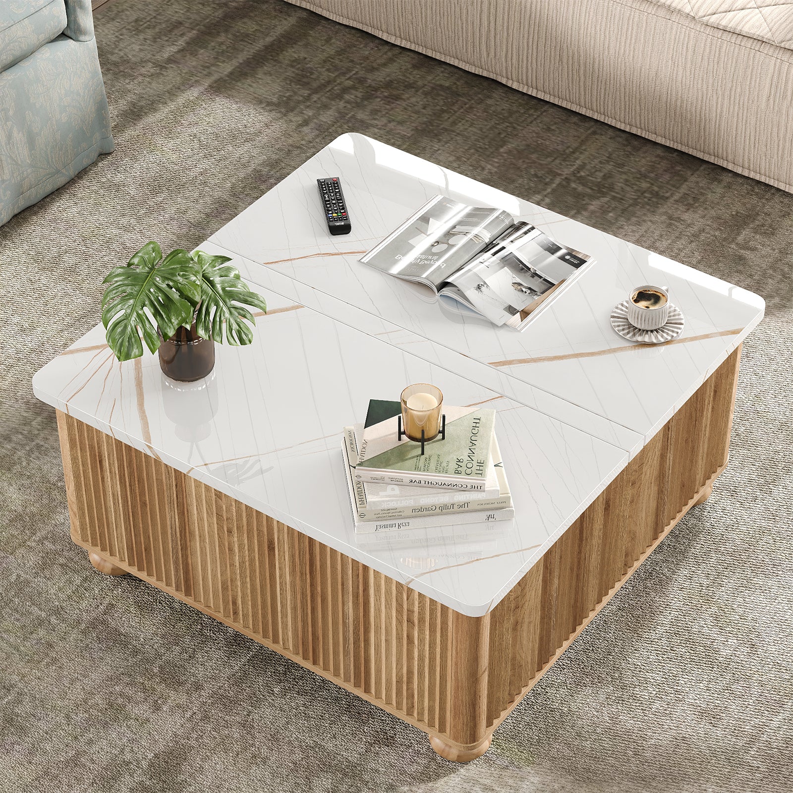 Yanosaku CT001 Lift Top Coffee Table with Storage, Square Coffee Tables with Faux-Marble Top for Living Room, Living Room Center Tables with Large Hidden Space for Bedroom, Home Office