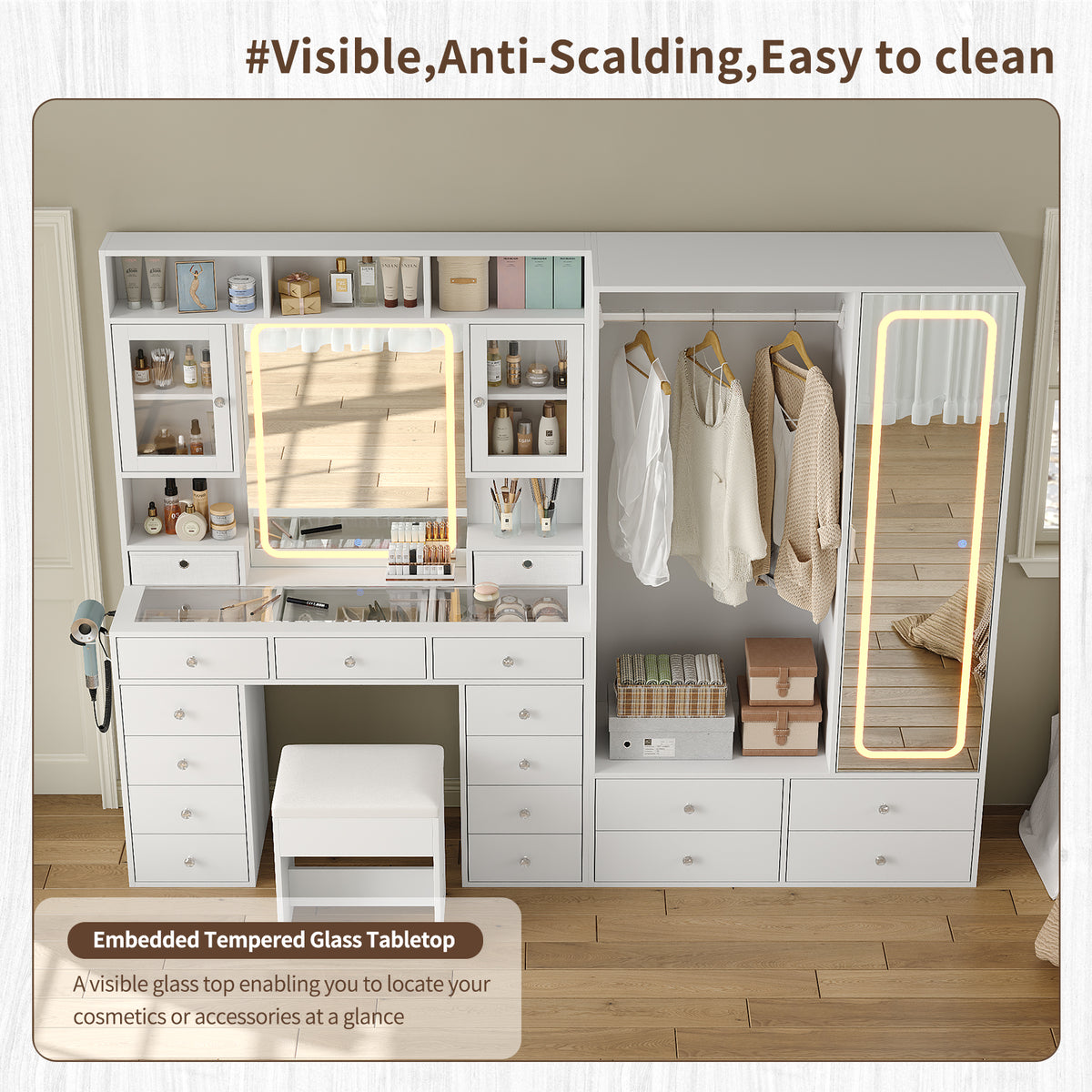87" W Large Vanity Desk with LED Mirror & Wardrobe, Spacious Makeup Vanity Table with Ample Storage, White